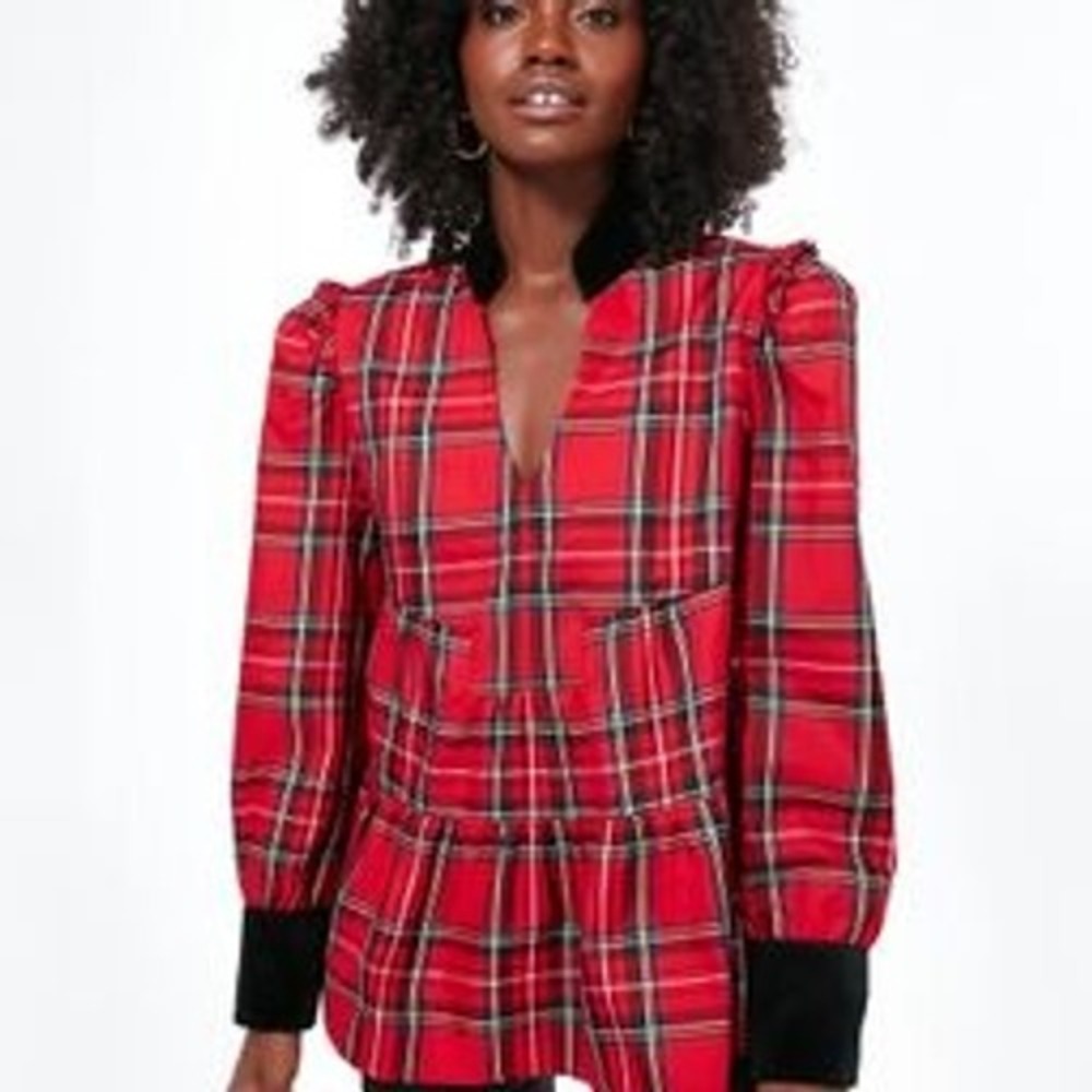 Tuckernuck Red Royal Stewart Tartan Plaid Velvet Trim Peplum Top XXXL Holiday